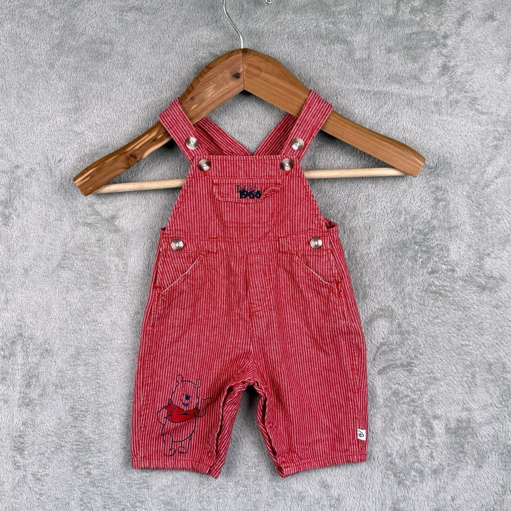 Disney Baby Winnie The Pooh Overalls Baby 3-6 Months Red White Stripe Cotton VTG